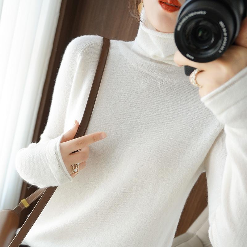 Damen Herbst Winter Hochgeschlossener Langarm Strickpullover mit Plüschkragen Unifarben Lockerer Schlanker Basis Layer