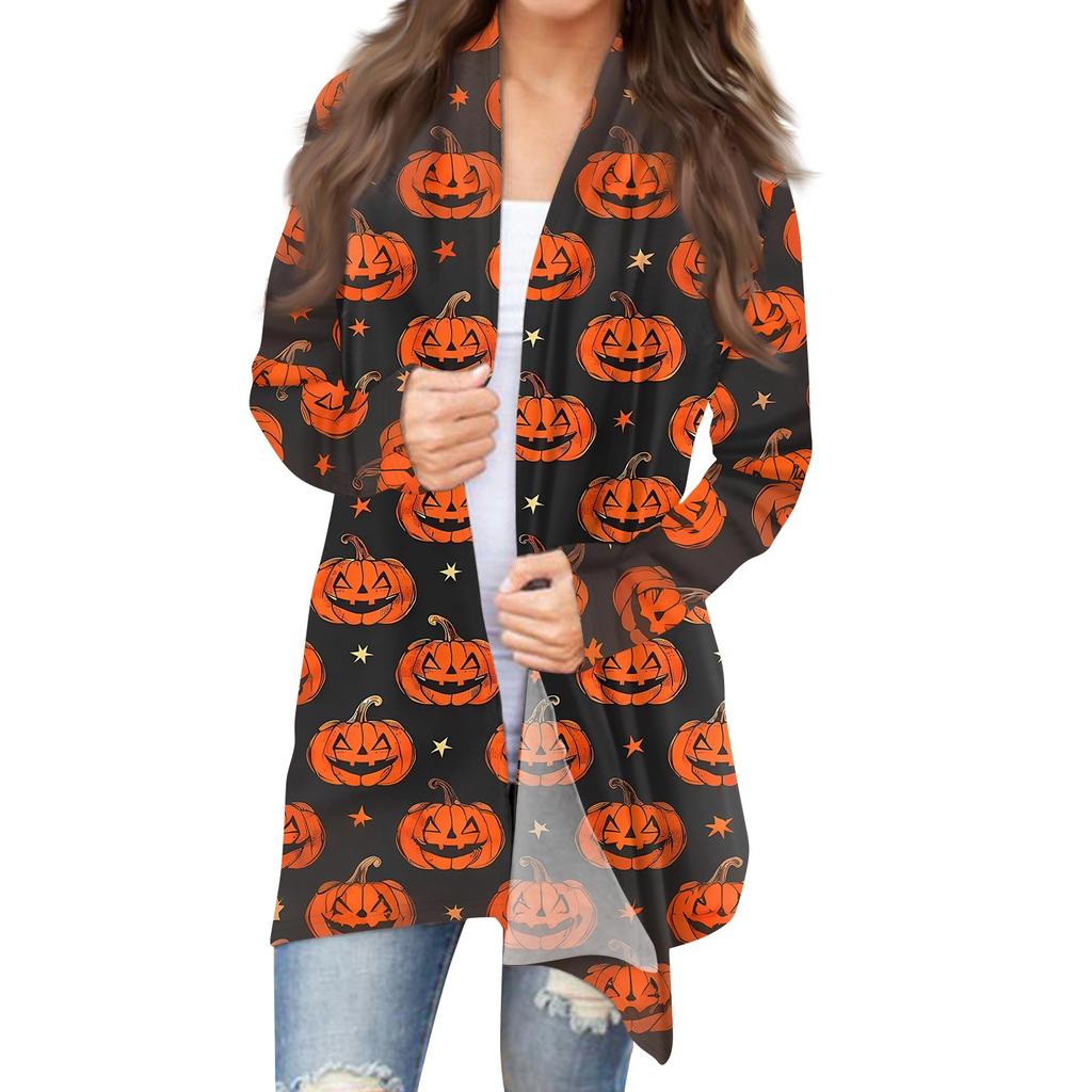 Women's Halloween Print Long Sleeve Front Cardigan Printed Top Lightweight Jacket