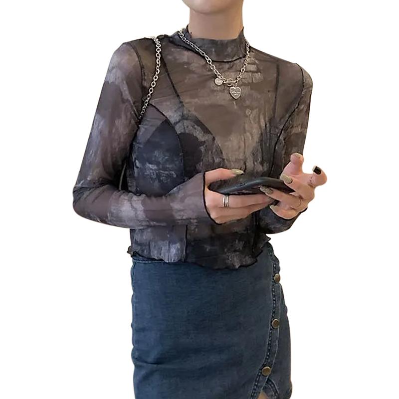 

Женские укороченные топы с абстрактным принтом, футболки с длинными рукавами и круглым вырезом из прозрачной сетки с отделкой салата One Size коричневый