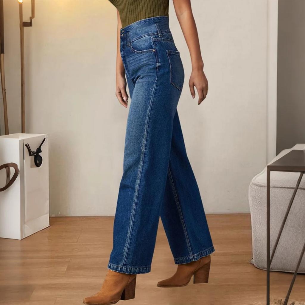 Damen Jeans mit hoher Taille und gewaschener Optik, modische, vielseitige Hose mit geradem Bein