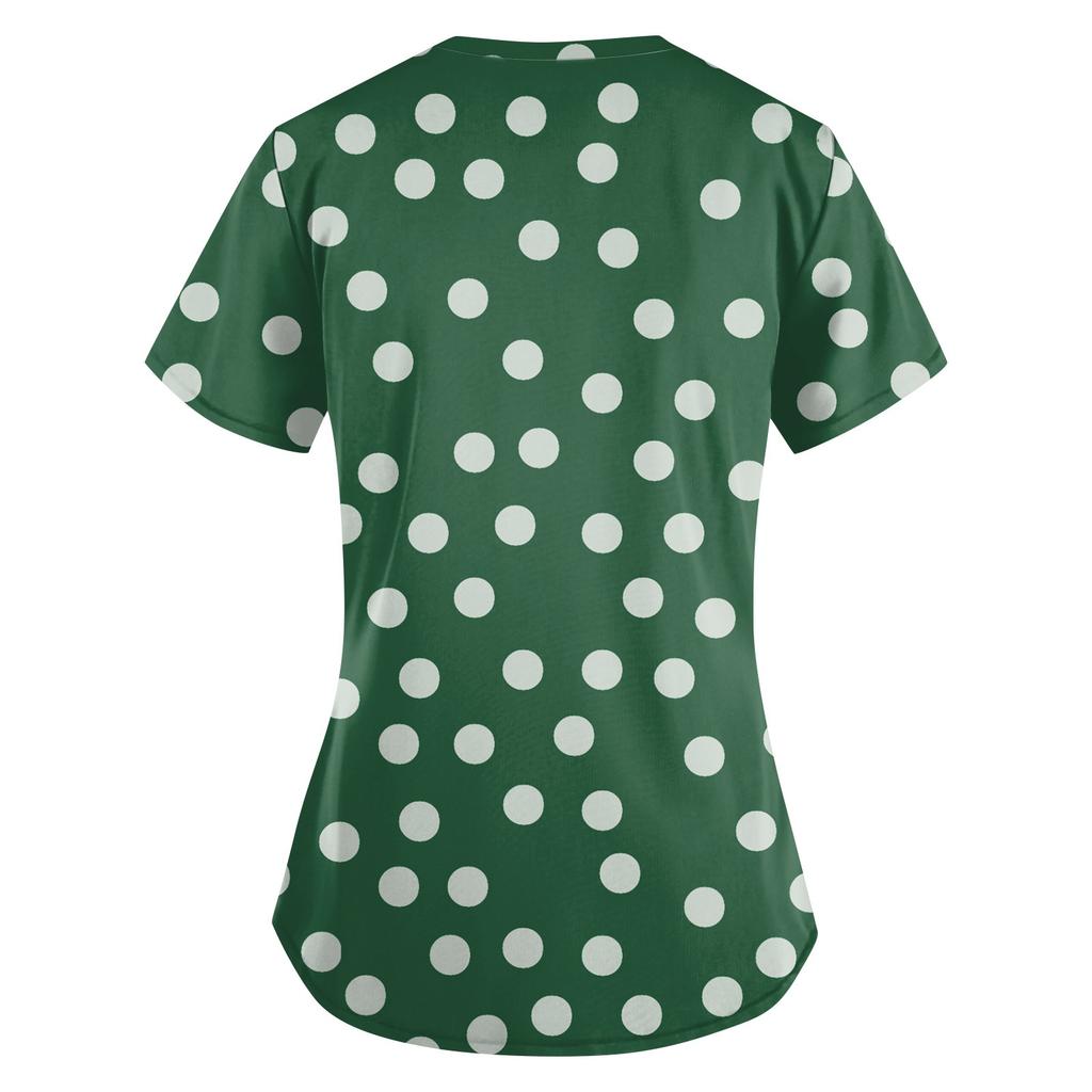 Women's Cute Printed Work Clothes V-neck Double Layer Pockets Basic Short Sleeve Top Pullover Valentines