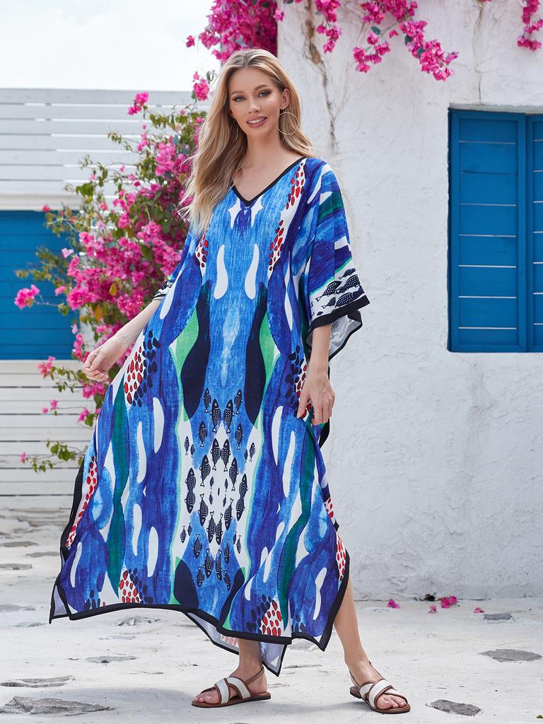 7-Color Cross-border Large Size V-neck Dress Beach Blouse Loose Vacation Dress Bikini Blouse 3897