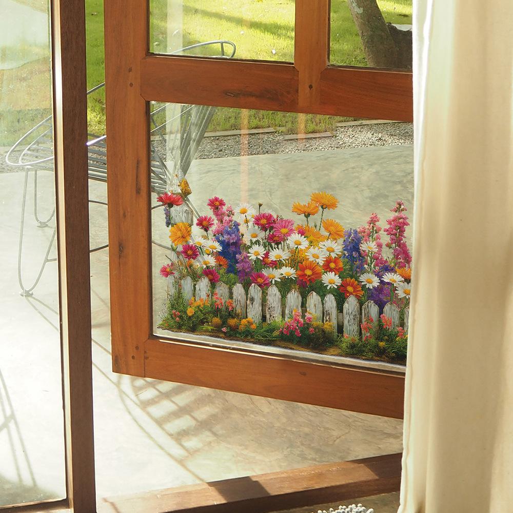 Fresh Hand-Painted Daisy and Fence Wall Sticker Cottage Self-Adhesive Removable Decor for Entryway Living Room Home
