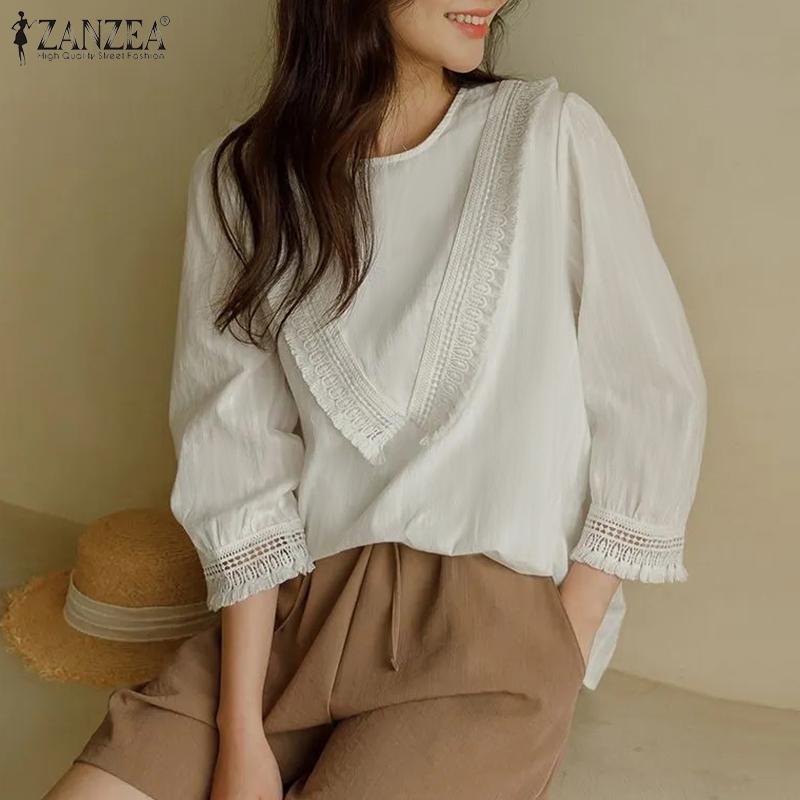 

ZANZEA Женская повседневная свободная летняя блузка с круглым вырезом и рукавами 3/4