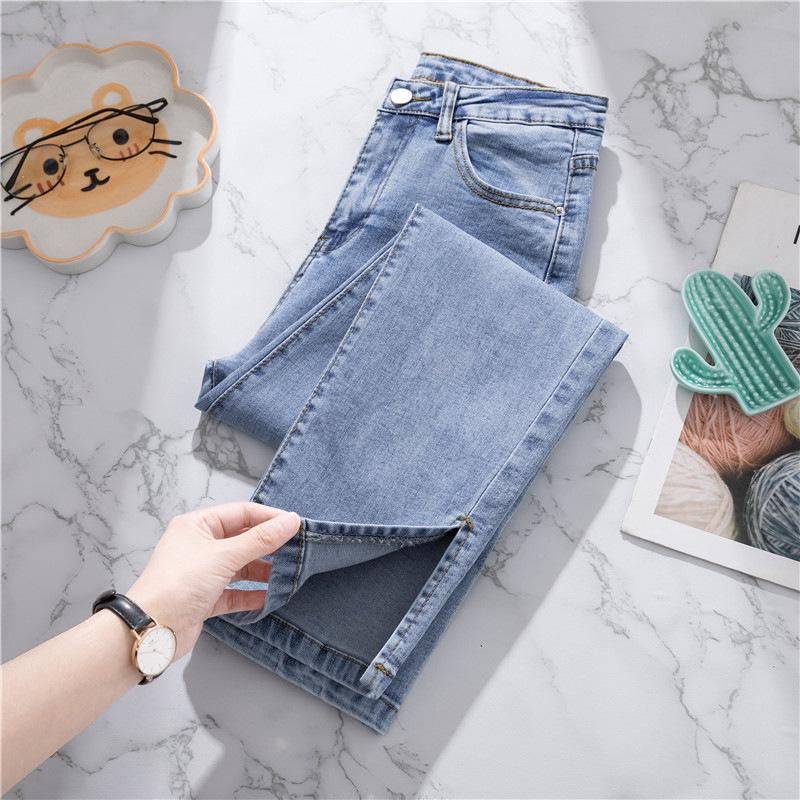 Women's Summer High Waist Light Blue Denim Jeans with Slit - Nine-Point Straight Leg Pants