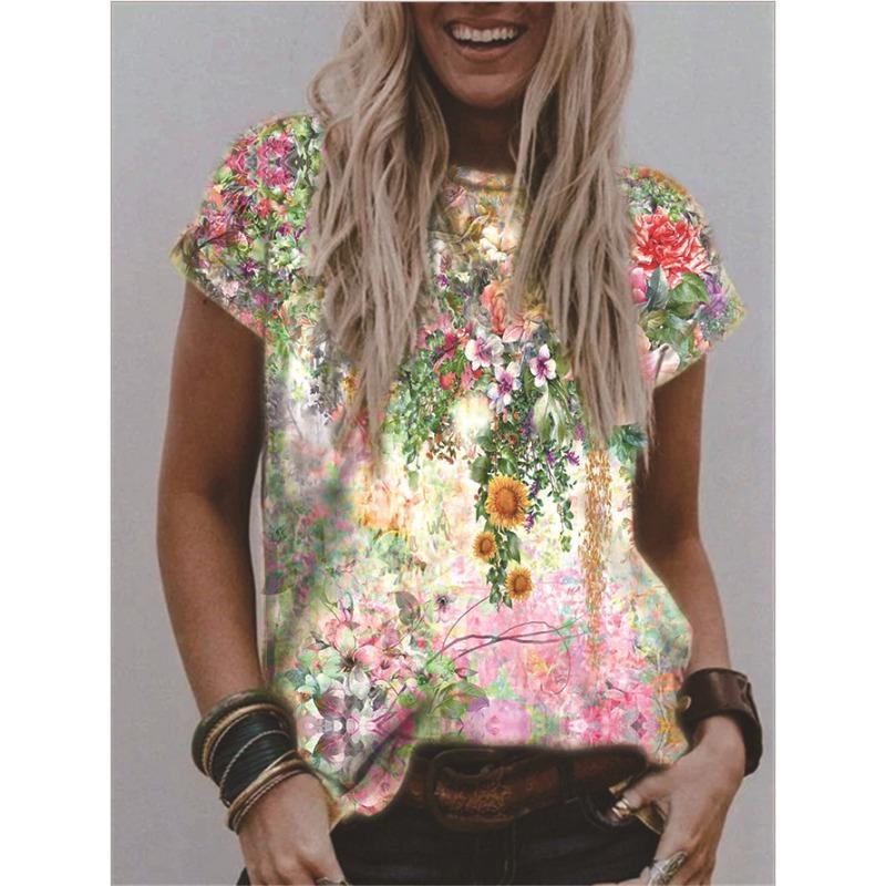 Summer Round Neck 3D Flower Print Top Fashionable Casual Short Sleeved Women's T-shirts