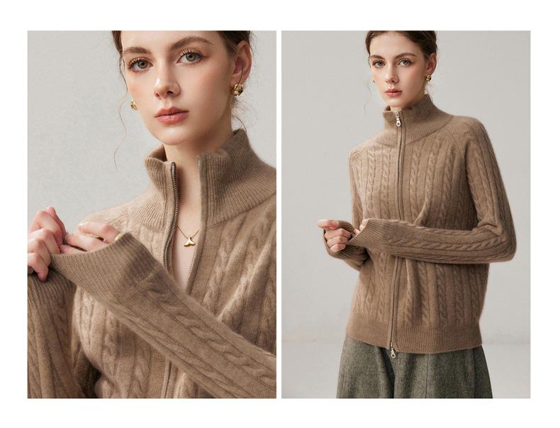 Women's Elegant Cashmere Cable Knit Half-High Neck Zip Cardigan - Autumn/Winter 2026 Collection