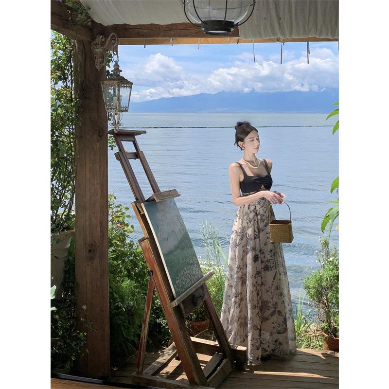 Летние женские лоскутные винтажные длинные платья с бретельками на шее XL чёрный/белый — фото 6