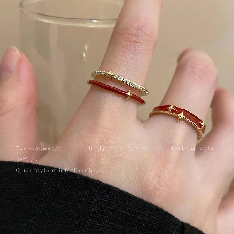 Double Stacked Red Star Hollow Ring for Women, Autumn and Winter New Year, Natal Year Adjustable Ring, Personalized Index Finger Ring