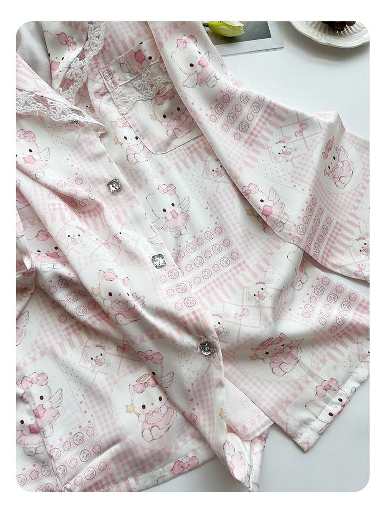 Moe-Stil Süßer Rosa Kätzchen-Pyjama: Weiche Seide, Langärmlig & Lange Hosen für Damen - Frühling & Herbst Kollektion