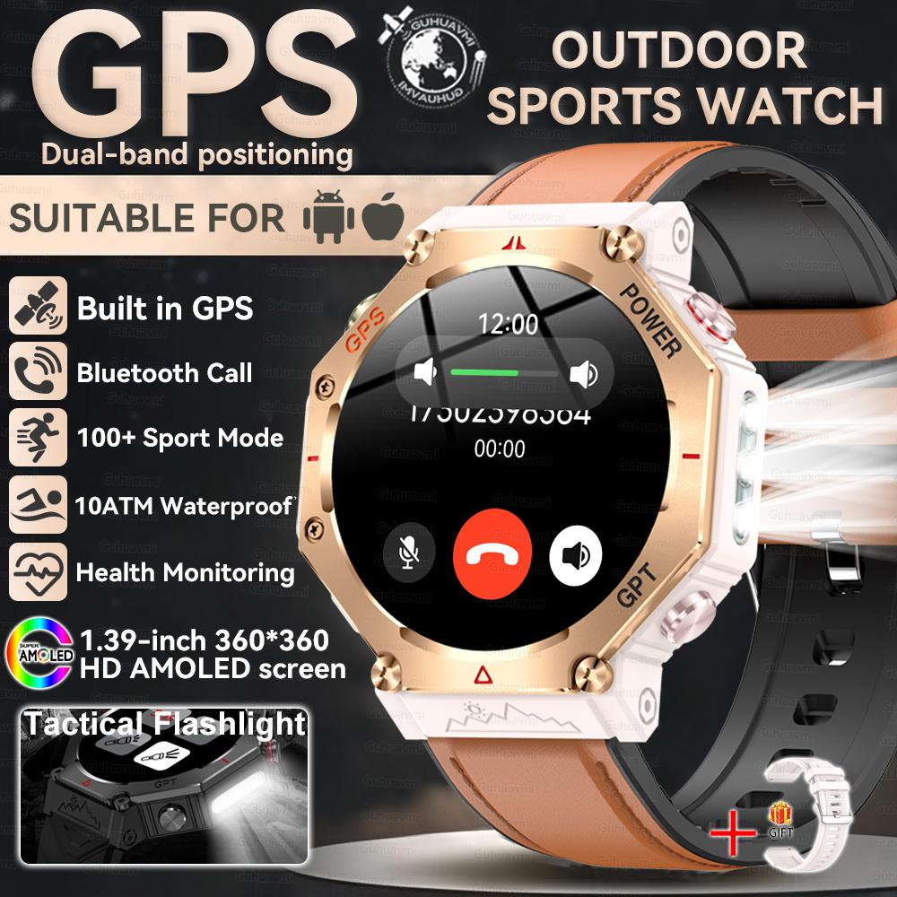 New Bulit-in GPS Outdoor Smart Watch Men Flashlight compass BT call Heart rate 10ATM Waterproof  Sports Smart watch