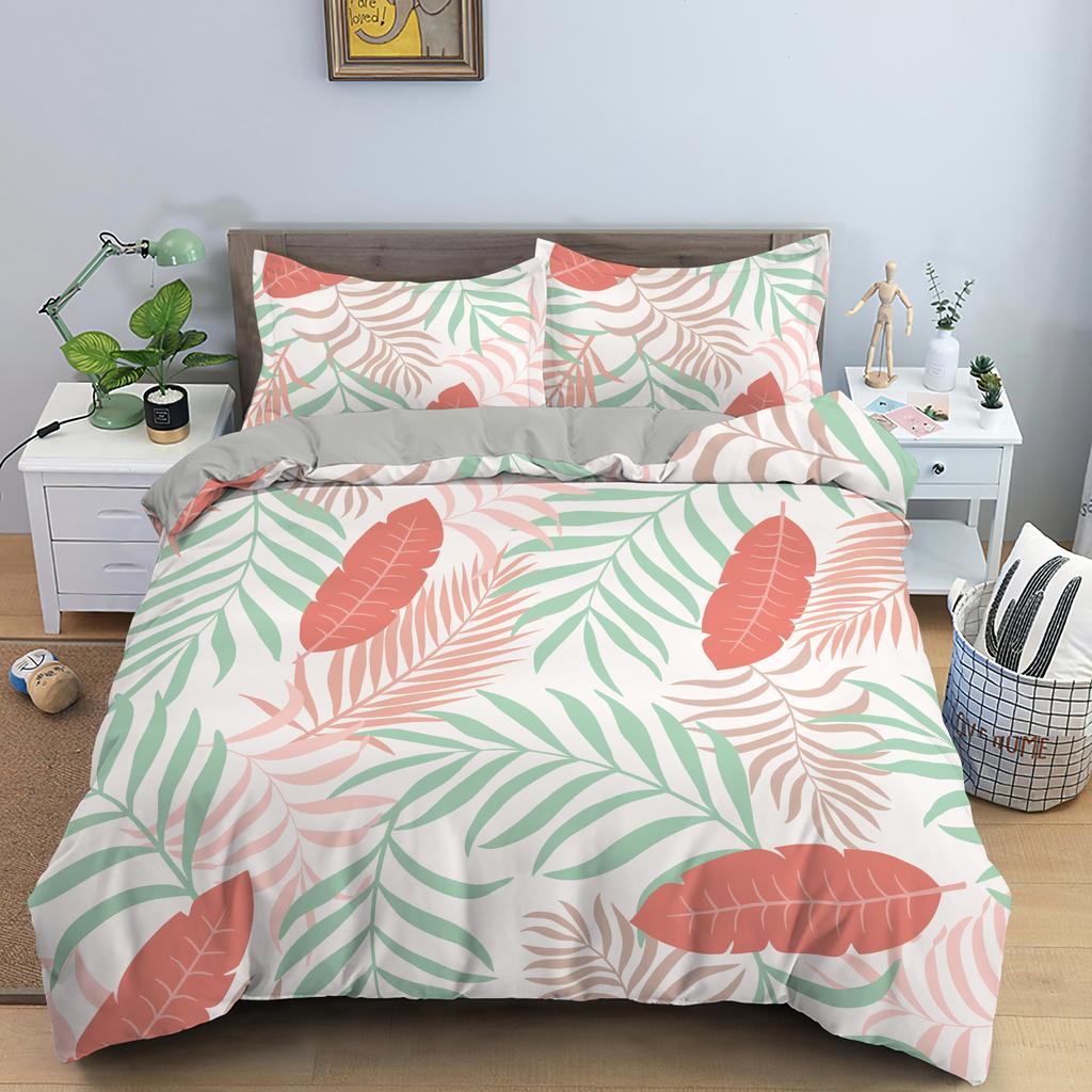 Green Leaves Bedding Set Girls Boys Kids King Twin Full Size Duvet Cover Set Pillowcase Cartoon Style Polyester Comforter Sets