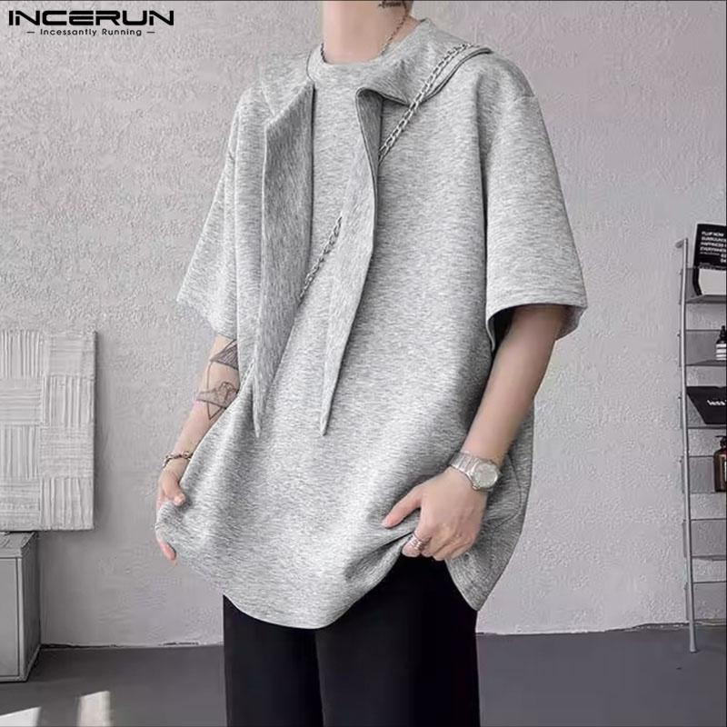INCERUN Oversized Summer Men Tie Up Patchwork Short Sleeve Solid Casual Loose T-shirts