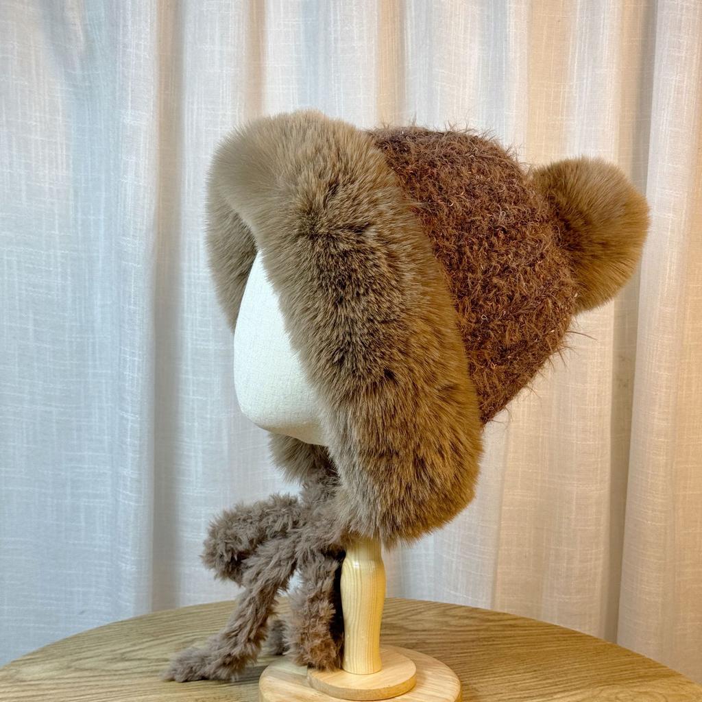 Winter Plush Brown Knitted Lei Feng Hat for Women Double Sided Velvet Warm Ear Protection Hat Versatile and Sweet Pullover