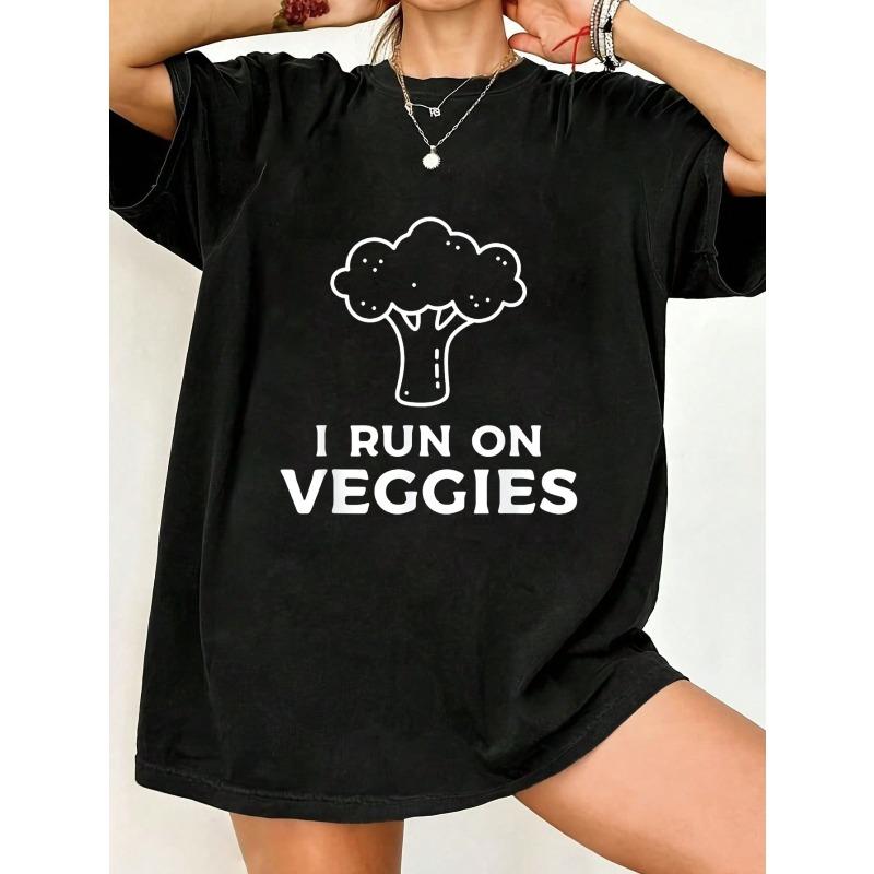 

Oversized T Shirt Black Broccoli Graphic I Run On Veggies Print Vegan Lifestyle Casual Wear For Women And Girls XXXL чорний