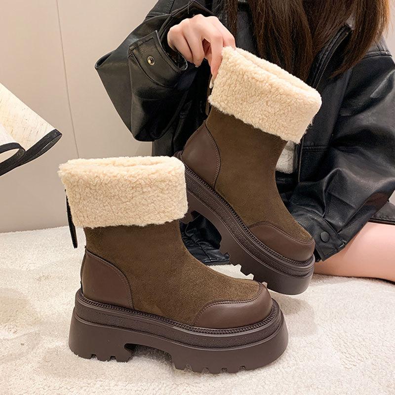 Cowhide version thick-soled velvet snow boots women's new autumn and winter warm cotton shoes thickened socks boots thin short boots
