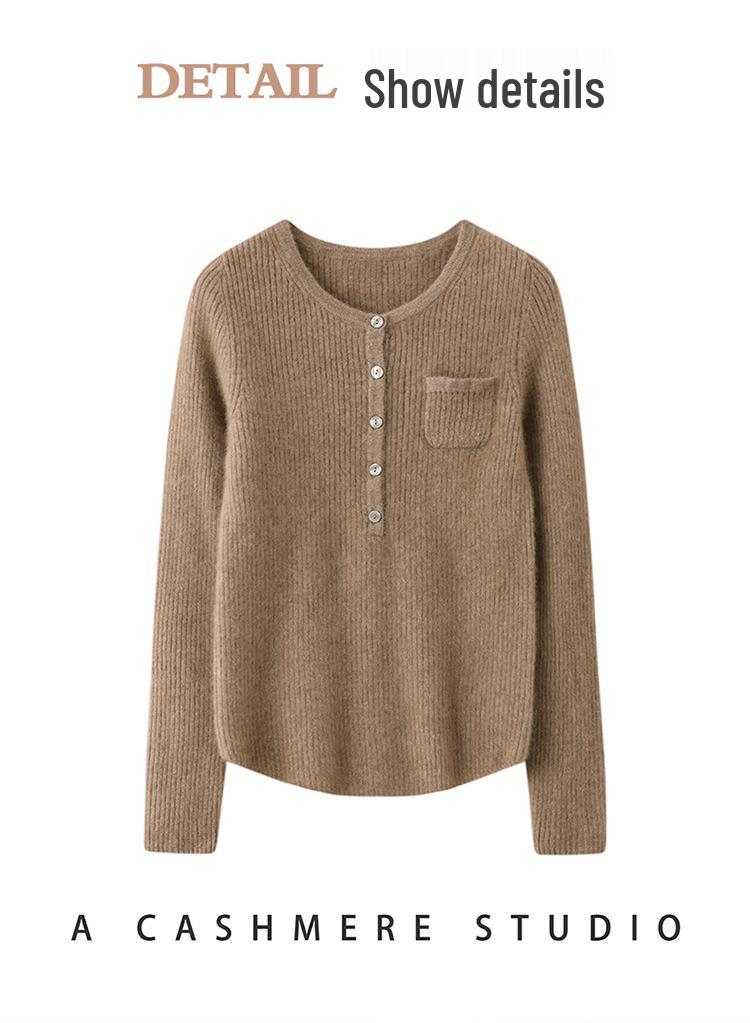 Women's Cashmere Ribbed Pullover Sweater – Round Neck with Buttons and Pockets, Autumn/Winter Collection