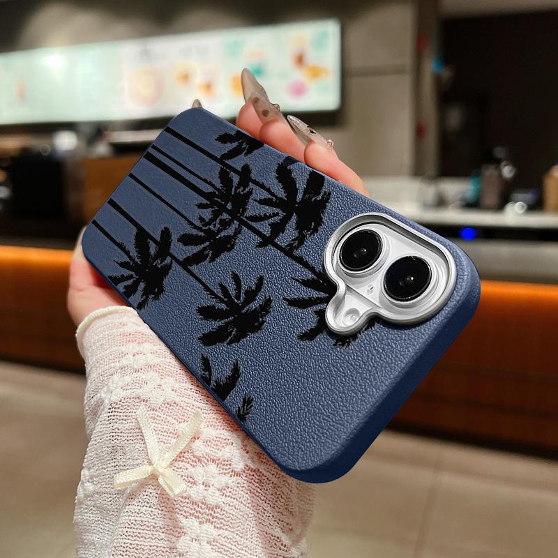 Schwarze Kokosnussbaum-Print-dünne, stoßfeste, weiche TPU-Telefonhülle für iPhone 16 Pro Max 15 Pro 14 13 12 11 Linsenschutzhülle aus mattem Leder