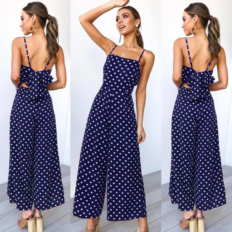 Women Long Jumpsuit Backless Strappy Playsuit Polka Dot Holiday Wide Leg Pants
