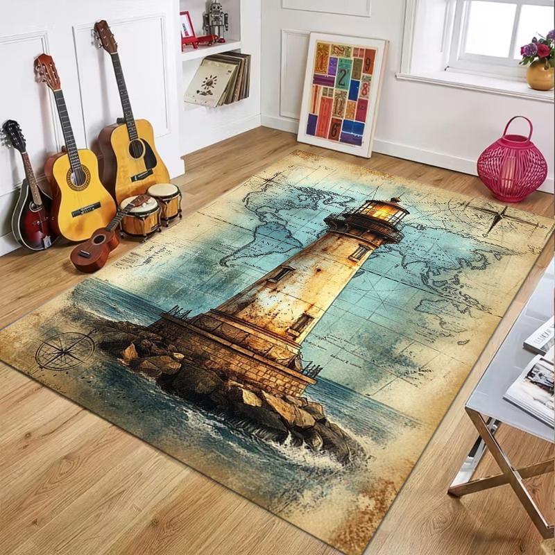 

World Map Rug Retro Travel Carpet Non-slip Washable Floor Mat Landmark Lighthouse Train Design for Living Room Bedroom Decor 40X60cm