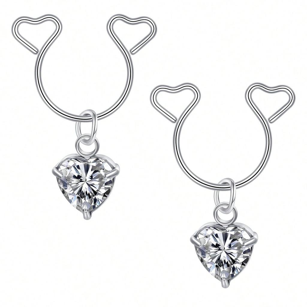 2 Pezzi Anello Finto Capezzolo a Forma di Cuore con Pendente Acciaio Inossidabile Anelli per Capezzoli Senza Perforazione Clip On Anelli per Capezzoli Piercing Finto per il Corpo