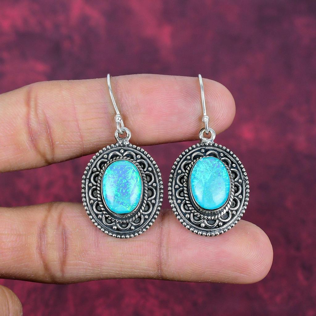 Blue Triplet Opal Earrings Gemstone Jewelry, 925 Solid Sterling Silver Handmade Earrings, Latest Design Jewelry