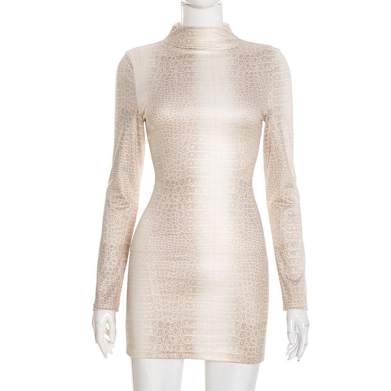 European Slim Fit Snake Print Long Sleeve Sexy Bodycon Short Dress for Women Small