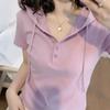 Womens Solid Color Hooded Short Sleeve T Shirt