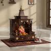 Handcrafted Wooden Temple with Bells | Sheesham Wood Pooja Mandir for Home | Traditional Hindu Altar with Drawer Storage | Indian Prayer Art