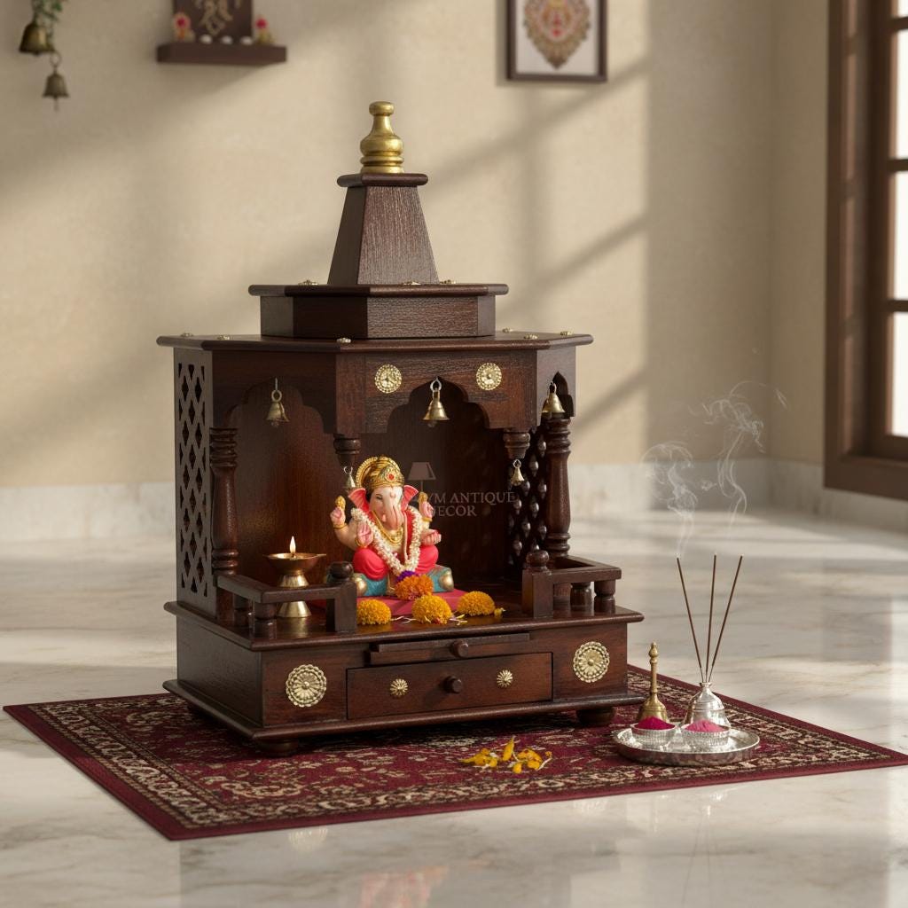 

Handcrafted Wooden Temple with Bells | Sheesham Wood Pooja Mandir for Home | Traditional Hindu Altar with Drawer Storage | Indian Prayer Art
