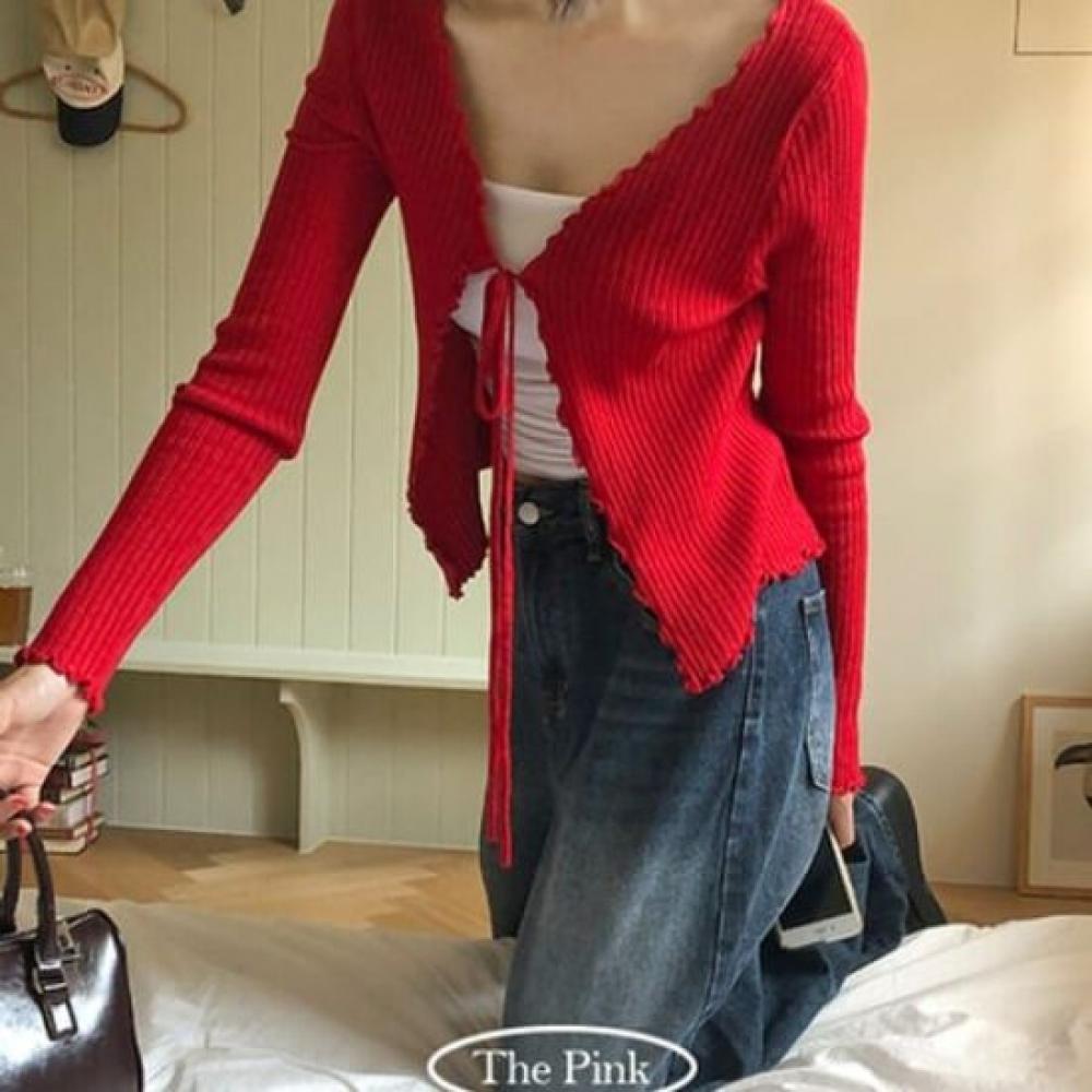 The Pink Slim Fit Frill Ribbon Strap Knit Cardigan