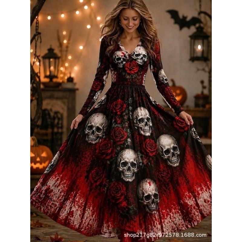 2026 Halloween Womens V-Neck Long Sleeve Maxi Dress With Ghost Pumpkin Witch Print High-Waist Loose Fit Party Gown