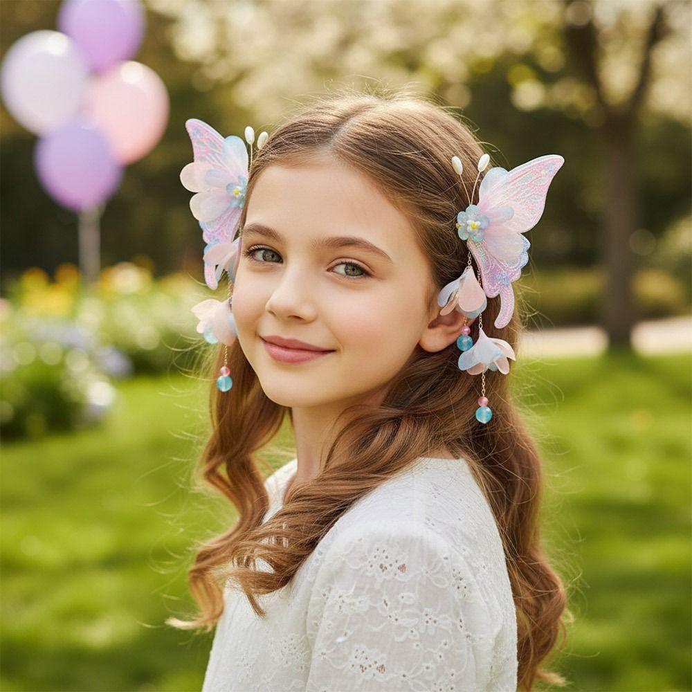 2pcs/set Vintage Extra Large Butterfly Hairpin Flower Shake Tassels Floral Hair Clips Silk Hanfu Ornaments Hair Accessories