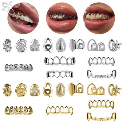 ZS 1 PC/1 Set Hip Hop Silber vergoldet Grillz Zähne glänzend CZ Kristall Cross Gap Grillz Rose Sternform Ober- und Unterseite Zahnkappe