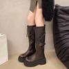Damen Hohe Stiefel Frau Rutschfeste Gürtelschnalle Winter PU Leder Kniehohe Stiefel Damen Klobige Plateaustiefel Lange Stiefel 5452