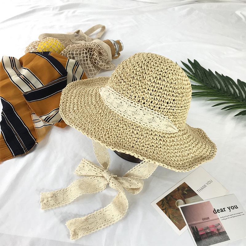 Foldable Handmade Straw Hat Summer Lace Strap Large Brim Seaside Sun Hat Sun Protection Vacation Beach Hat