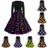 Women's Casual Long Sleeve Dress Halloween Printed Flared Skirt Round Neck Slim Fit Vintage Style Midi Dress with Waist Tie