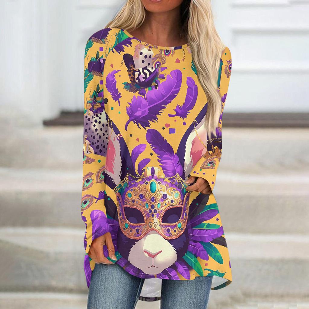 Women's Fashionable Round Neck Raglan Long Sleeved Carnival Printed Casual Pullover Top