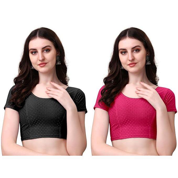 Women’s Cotton Saree Blouse Combo | Ready-to-Wear Round Neck Stitched Blouses | Soft Dobby Stretch Fabric | Party, Festive