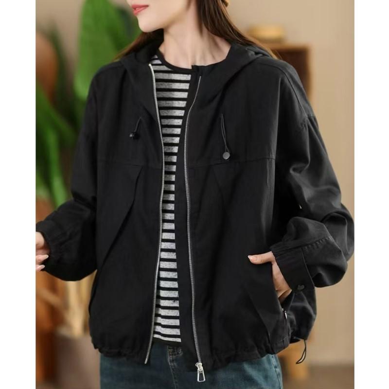 Johnature Woman Autumn Drawstring Long Sleeves Loose Casual Coat Solid Color Zipper Hooded Splicing Coat
