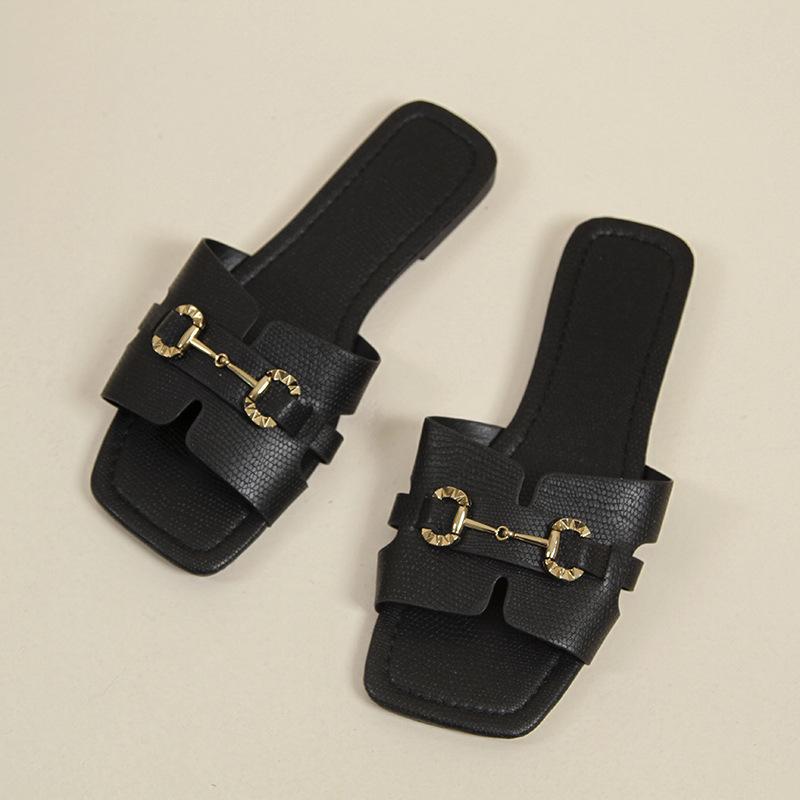 Flat-bottomed Slippers Women's Foreign Trade Summer New Outer Wear Metal Buckle Square Head Cool Slippers European and American Large-size Women's
