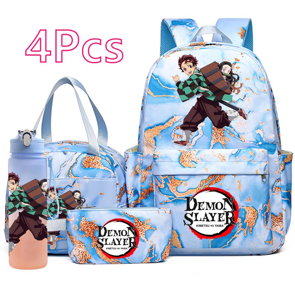 4 Pièces/ensemble Anime Demon Slayer Sac à Dos Imprimé Sac à Main Trousse à Crayons avec Bouteille d'Eau 750ml pour Adolescent Garçon Fille Grande Capacité Sac d'École Imperméable
