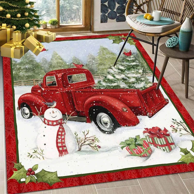 1pc Christmas Red Rug Snowman Kitchen Carpet Living Room Rug Floor Mat Red Car Christmas Tree Print Door Mat Room Home Decor