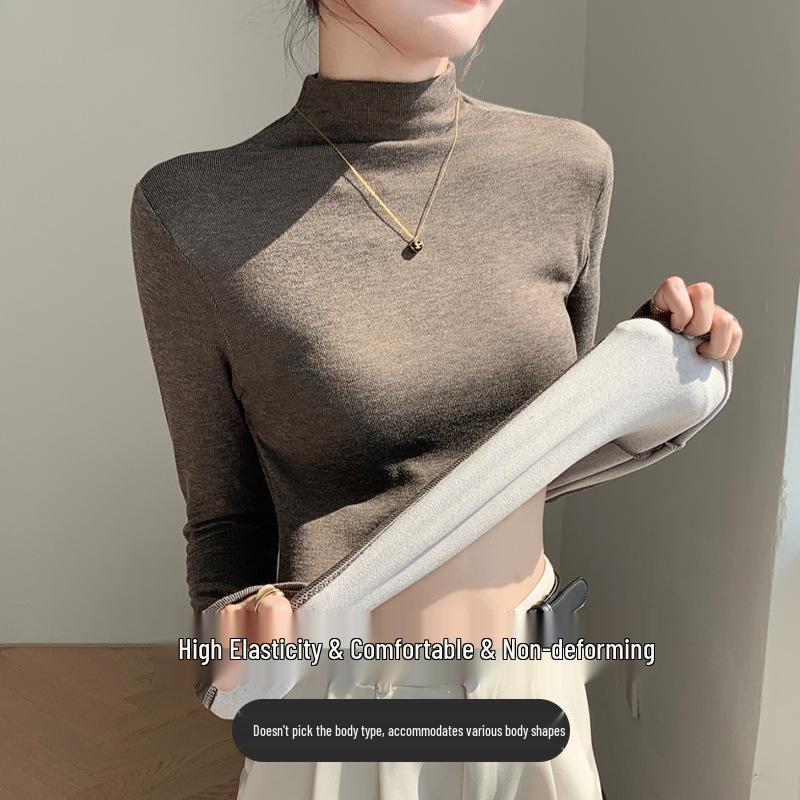 Women's H393 High Neck Warm Slimming Long Sleeve Top - Autumn/Winter Solid Color Versatile Mid-Neck Base Layer Shirt.