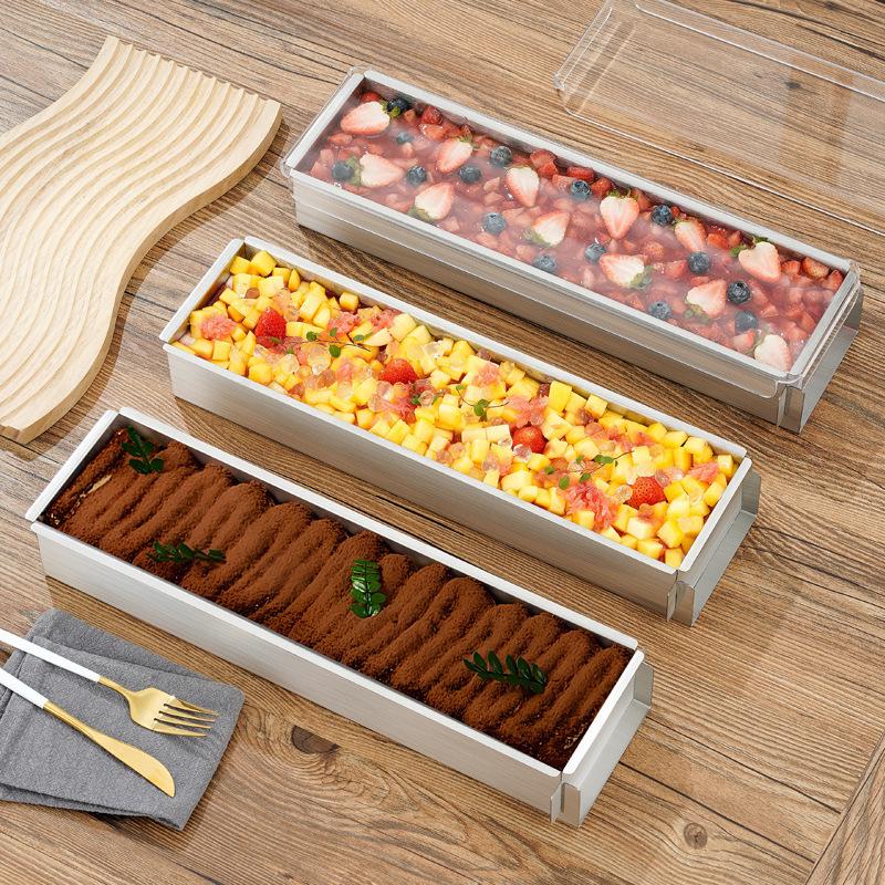 Tiramisu Set: Rectangle Stainless Steel Mold, Cake Base, Long Tray, and Spatula.