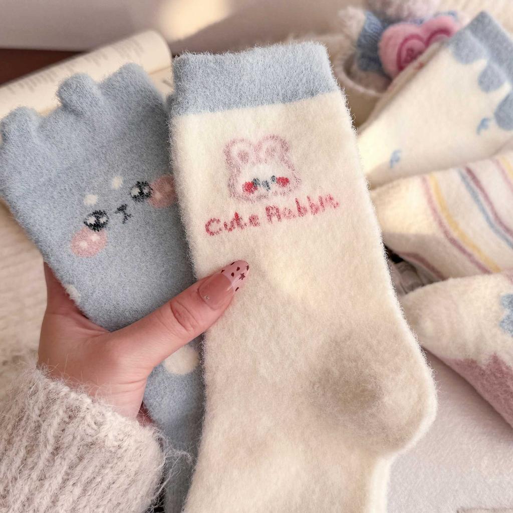 Rabbit Home Cute Girl'S Australian Velvet Socks Sweet Pink Mid-Leg Socks Indoor Versatile Warmth