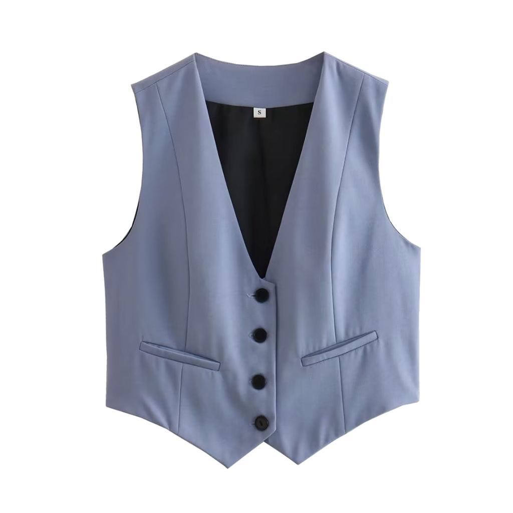 Dames Retro Ensfarget Godterifarge V-hals Kort Dressvest