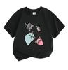 Kids Boys Girls 100% Cotton Crew Neck Short Sleeve T-Shirt, Cute Geometric Spliced Cat Pattern Casual Breathable Summer Pullover Tee for Children