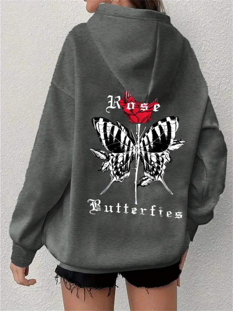 Design Sense Simple Fashion Design Sense Butterfly Rose Printed Hooded Sweater Simple and Versatile