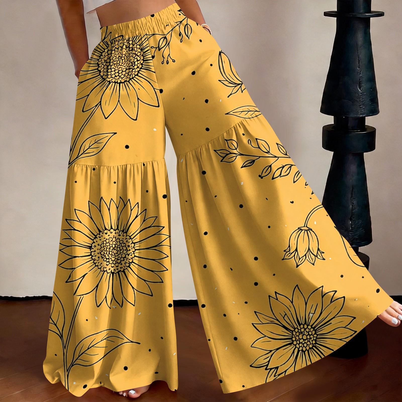 

Women High Waist Loose Fit Lightweight Wide Leg Pants Vintage Floral Print Flowing Long Trousers Casual Relaxed Style M жовтий